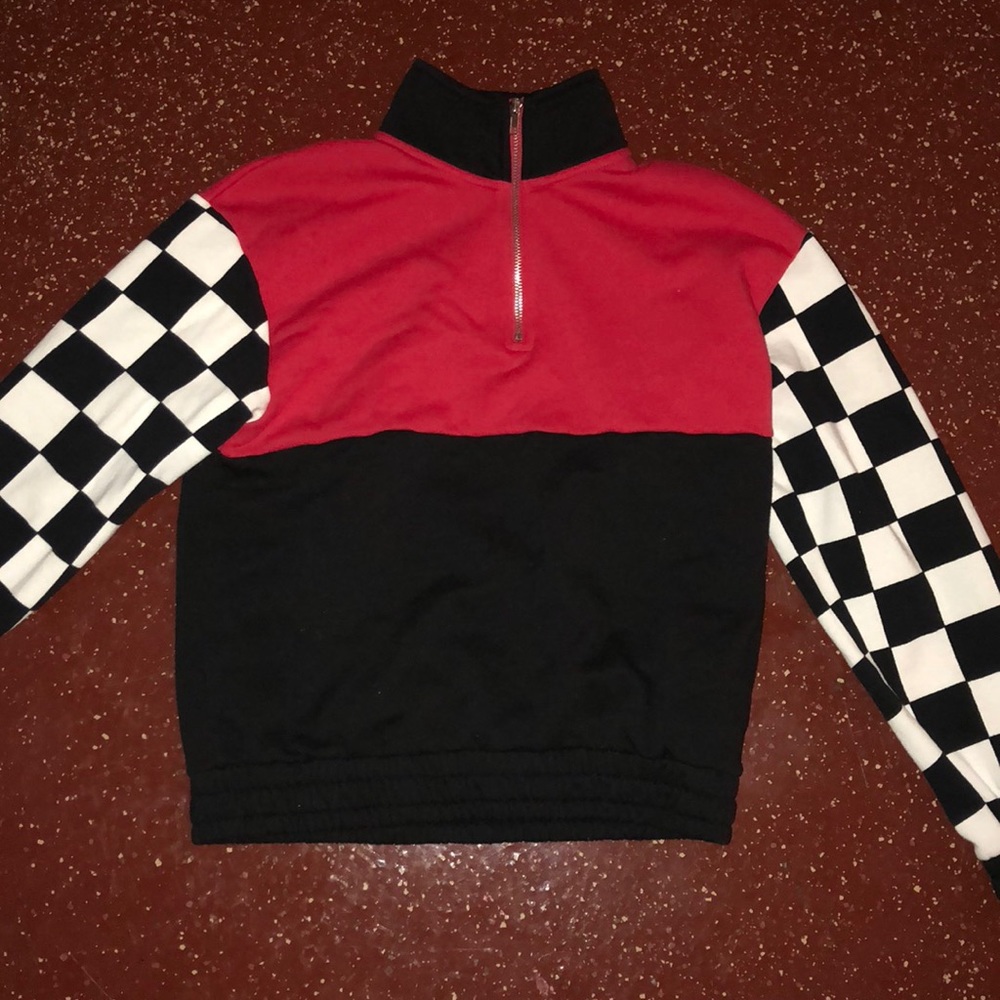 Red and black with Checkered sleeve  sweater